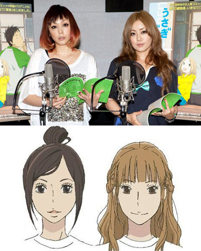 写真上、左からアフレコ中の由美と亜美（PUFFY）。写真下は2人にそっくりのアニメキャラクター
(C) 2011 宇仁田ゆみ／祥伝社／アニメ「うさぎドロップ」製作委員会