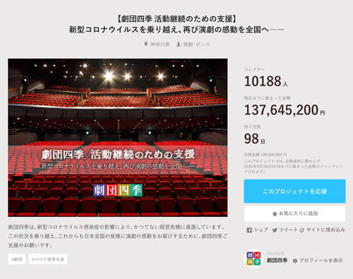 コロナ自粛に苦しむ劇団四季、クラウドファンディング1.3億円超を調達！