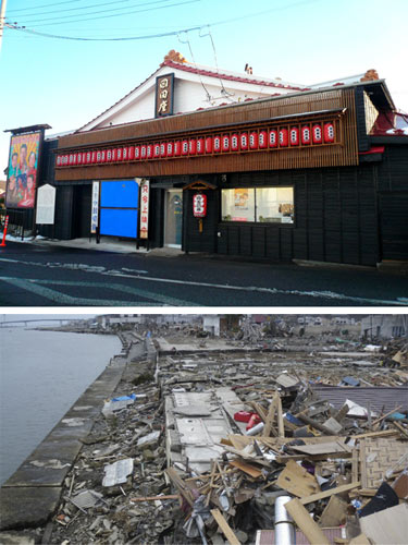 上は震災前の岡田劇場。下は、震災後の岡田劇場跡地