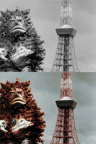 モノクロからカラーになったガラモンと東京タワー
