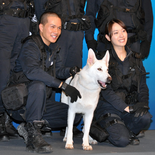 市原隼人（左）と戸田恵梨香（右）。中央は市原の相棒の犬「シロ」