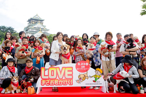 大阪城を背にした広末涼子とまさお君、ゲストの犬たち