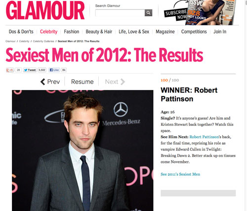 2012年の“最もセクシーな男性”はロバート・パティンソン、4年連続の快挙！