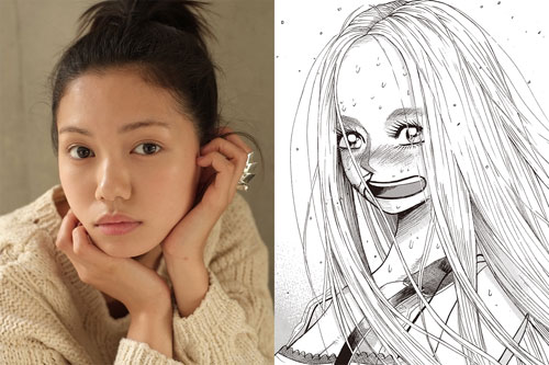 二階堂ふみ（左）と彼女が演じるトップアイドル・宇田川咲のイラスト（右）
