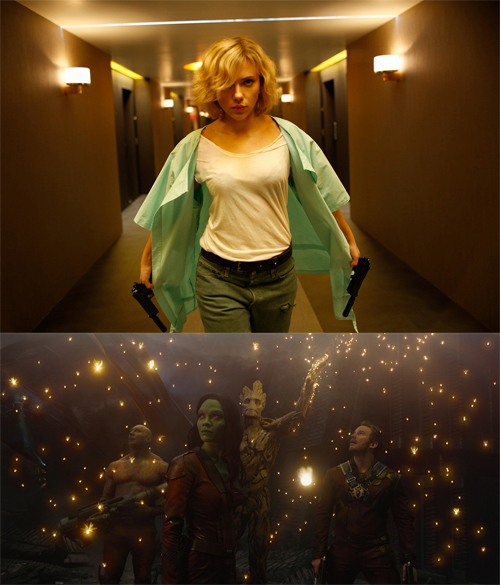 写真上：『LUCY／ルーシー』
(C) 2014 Universal Pictures.
写真下：『ガーディアンズ・オブ・ギャラクシー』
(C) 2014 Marvel. All Rights Reserved.　