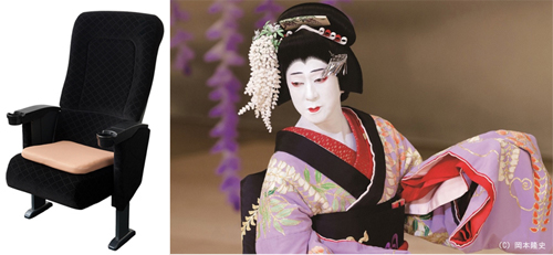 座席とクッション イメージ図 （左）と『二人藤娘／日本振袖始』場面写真（右）