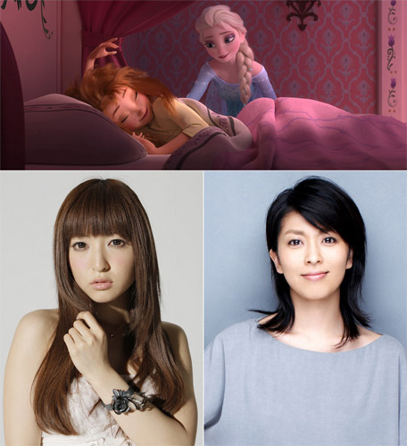 『アナと雪の女王／エルサのサプライズ』場面写真（上）とアナ役の神田沙也加とエルサ役の松たか子（下）
(C) 2015 Disney Enterprises, Inc. All Rights Reserved.　