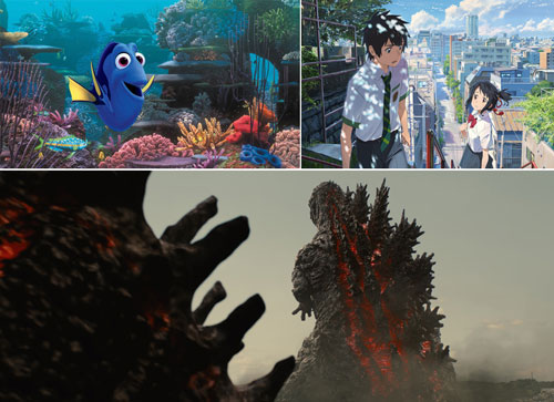 三つ巴の戦いか!?
左上：『ファインディング・ドリー』、右上『君の名は。』、下『シン・ゴジラ』
(C) 2016 Disney/Pixar. All Rights Reserved.
(C)2016「君の名は。」製作委員会
(C) 2016 TOHO CO.,LTD.