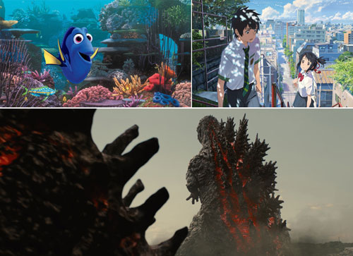 三つ巴の戦いか!?
左上：『ファインディング・ドリー』、右上『君の名は。』、下『シン・ゴジラ』
(C) 2016 Disney/Pixar. All Rights Reserved.
(C)2016「君の名は。」製作委員会
(C) 2016 TOHO CO.,LTD.