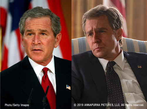 本物のジョージ・W・ブッシュ元米大統領（左）と『バイス』のサム・ロックウェル（右）