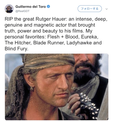 『ブレードランナー』名優ルトガー・ハウアー死去にデル・トロ監督らが追悼コメント
