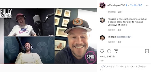 ダブリンのラジオ局SPIN 1038の番組「Fully Charged」に出演したマット・デイモン／Instagramより