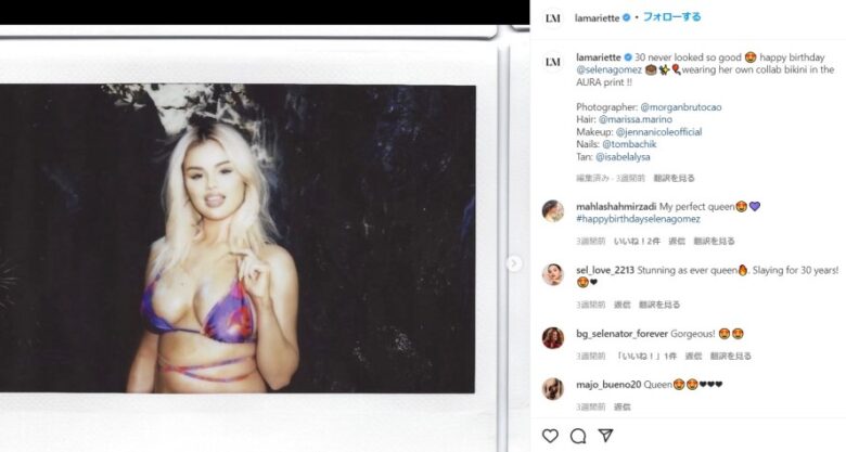 今年のバカンス動画でセレーナが着用しているのは、友人が手がけるスイムウェアブランド「ラ・マリエット」のワンピース水着。同じ柄で肌の露出が多いデザインもある。画像は同ブランドのinstagramに昨年7月に投稿されたもの。